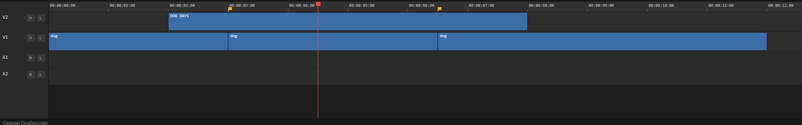 Close-up of the REEL EDITOR timeline: video and audio tracks, a title clip above the footage, razor cuts, markers, and the playhead